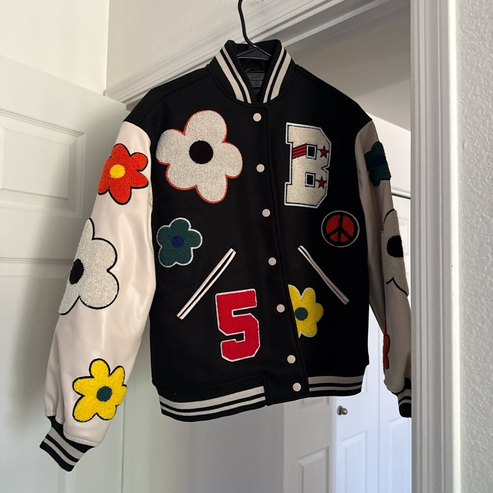Women’s  Black and White Varsity Jacket with Floral Patches